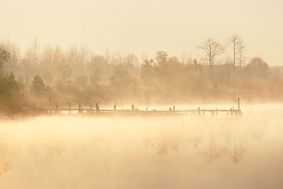 Scenic view of lake against clear sky during sunset