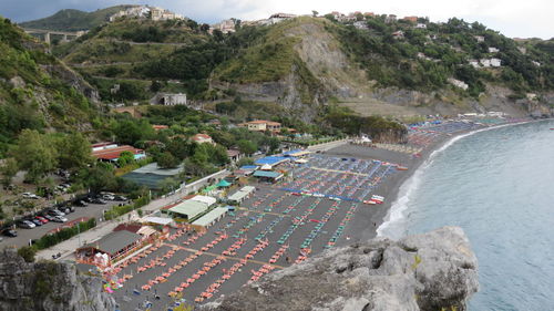 High angle view of beach and mountains