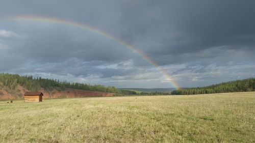 Scenic view of rainbow over field