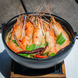 High angle view of seafood in cooking pan