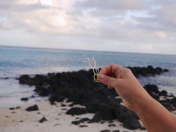 Close-up of hand holding sea against sky