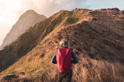 Rear view of man walking on mountain against sky