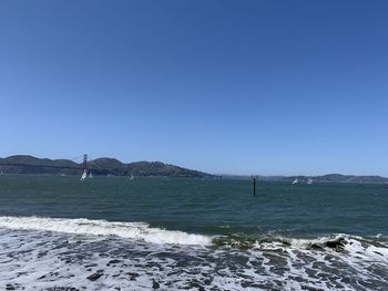 Scenic view of sea against clear blue sky