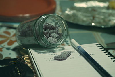 High angle view of drink on table