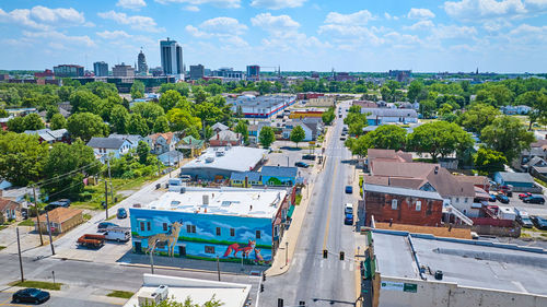 High angle view of buildings in city