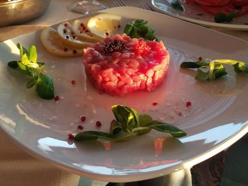 High angle view of food served in plate