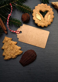 High angle view of cookies on table