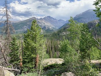 Scenic view of trees and mountains against sky