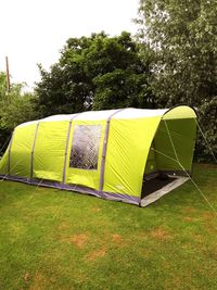 Green chairs on field against trees