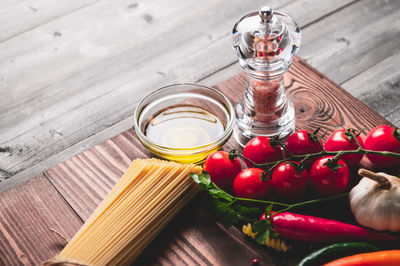 High angle view of tomatoes on table