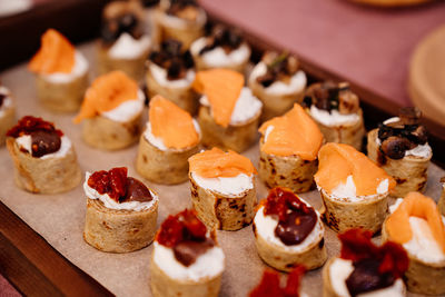 High angle view of dessert on table