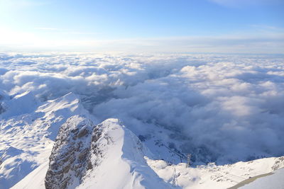 Aerial view of snowcapped mountains against sky