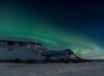 Scenic view of snowcapped mountains against sky at night