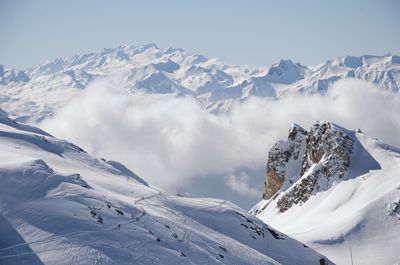 Scenic view of snowcapped mountains against sky