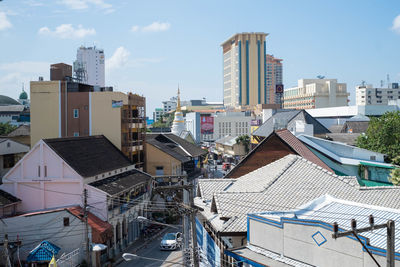 High angle view of buildings in city