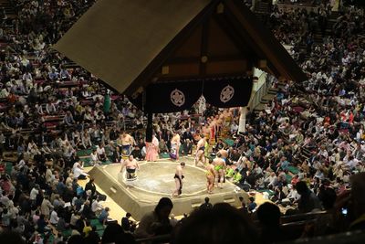 High angle view of people at music concert