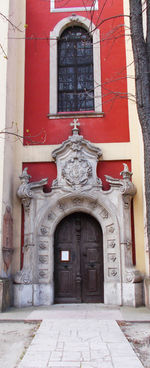 Entrance of red building