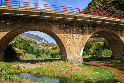 Arch bridge over river against sky