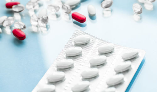 High angle view of pills on table