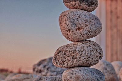 Close-up of stone stack on rock