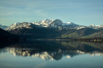 Scenic view of lake and mountains against sky