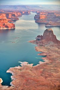 Aerial view of rock formations and lake