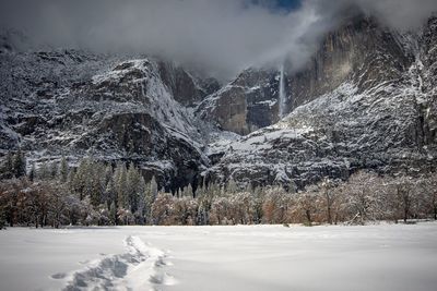 Snow covered land and trees against mountain