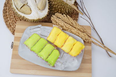 High angle view of breakfast on table