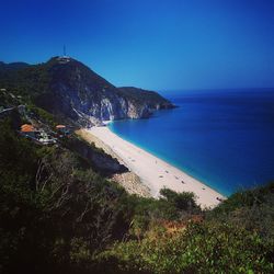 Scenic view of sea against clear blue sky