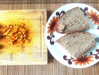 High angle view of bread in plate on table