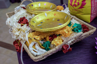 High angle view of decorations on table