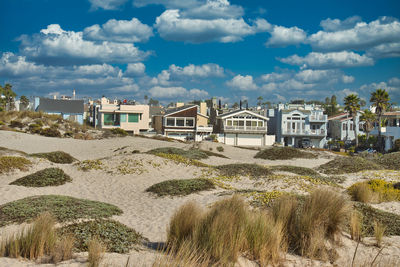 Houses on field by buildings against sky