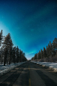 Road amidst trees against clear sky at night