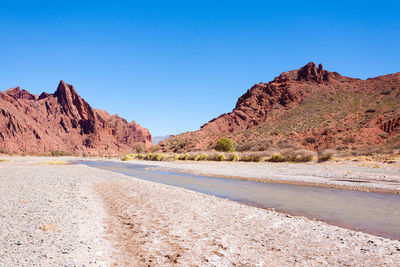 Scenic view of desert against clear blue sky