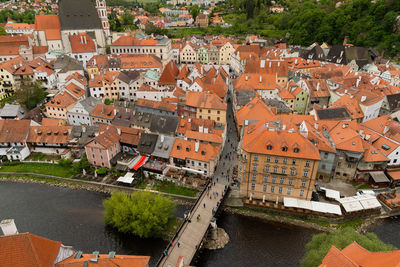 High angle view of houses in town