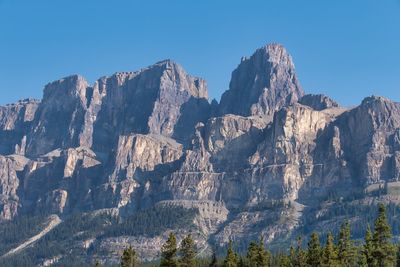 Scenic view of rocky mountains against clear blue sky
