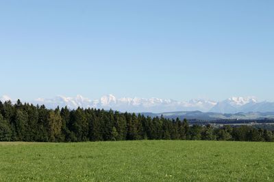 Scenic view of green landscape and mountains against sky