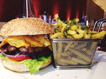 Close-up of burger on table