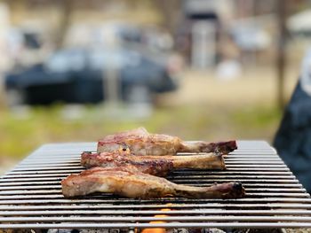 Close-up of meat on barbecue grill