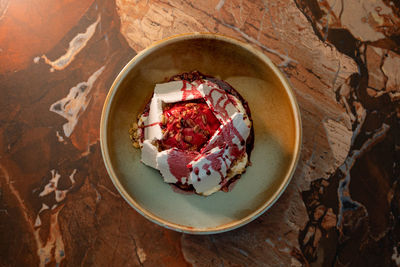 High angle view of food in plate on table