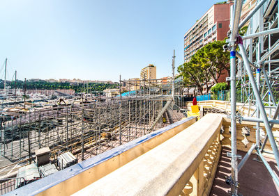 Construction site in city against clear sky