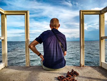 Rear view of man standing at beach against sky