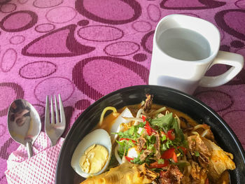 High angle view of breakfast on table