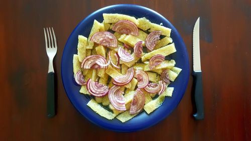 High angle view of food in plate on table