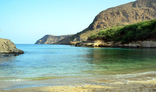 Scenic view of sea against clear blue sky