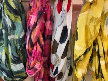 Full frame shot of multi colored umbrellas hanging on clothesline