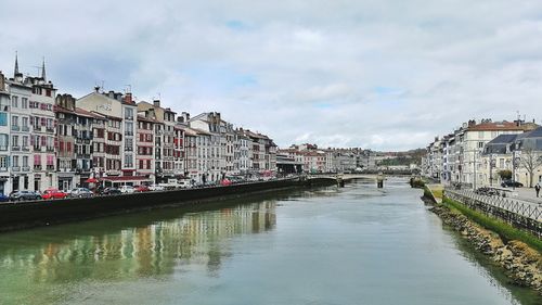 Bridge over river by buildings in city against sky
