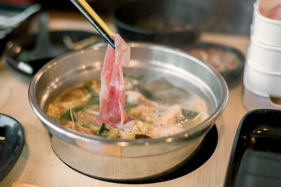 High angle view of food in bowl on table