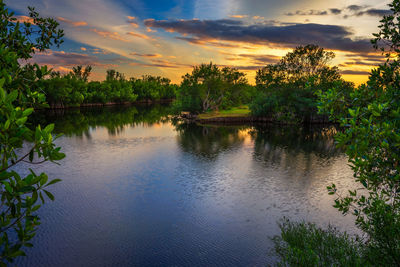 Scenic view of lake against sky during sunset