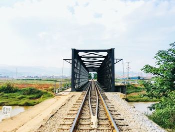 Railroad track amidst trees against sky